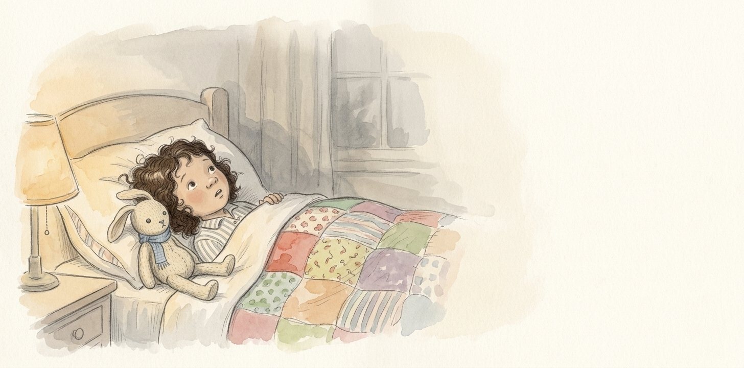 A girl lies awake in bed with her knitted rabbit beside her, in soft pencil and light watercolour.